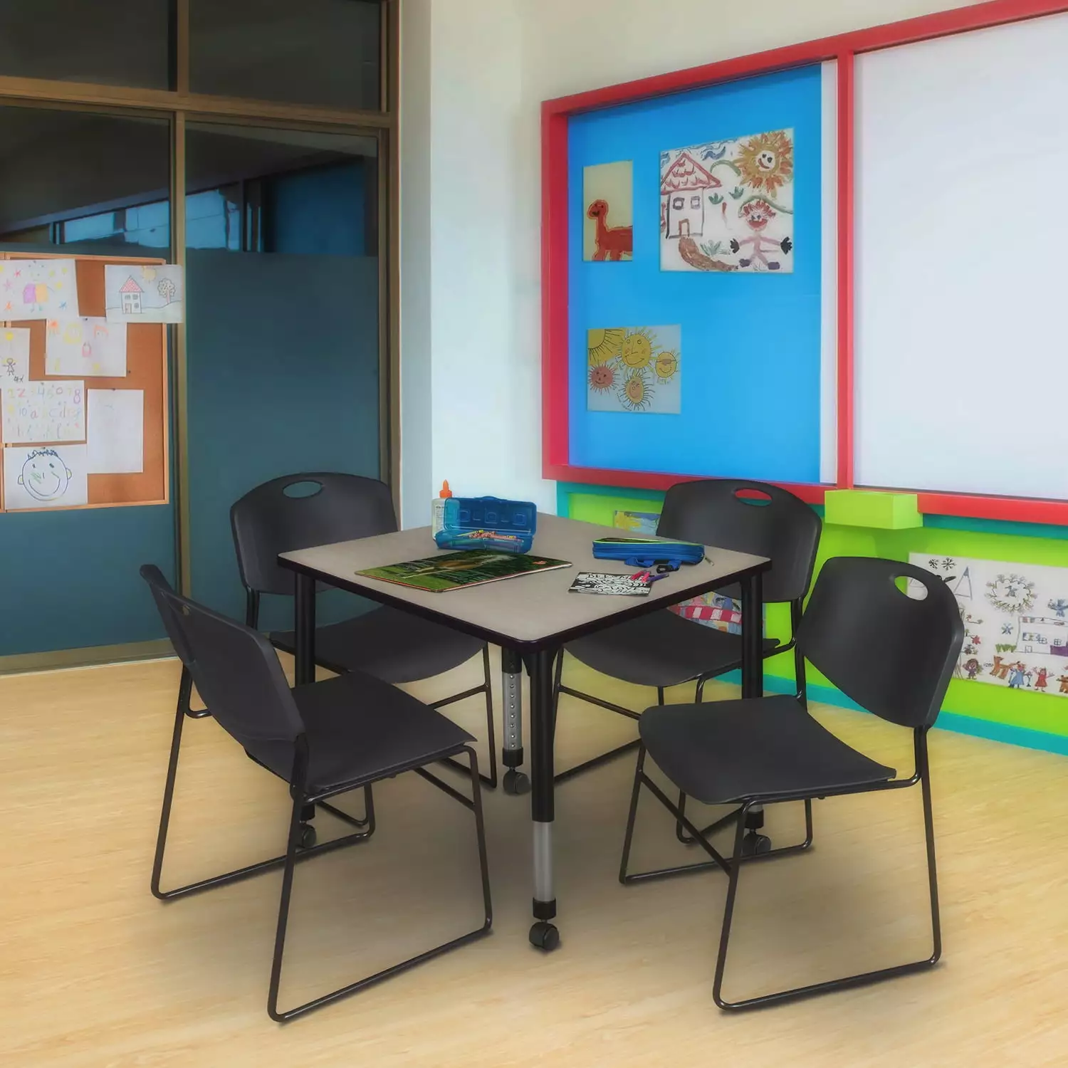 Regency Kee 30 Square Maple Height Adjustable Mobile Classroom Table 4 Black Zeng Stack Chairs