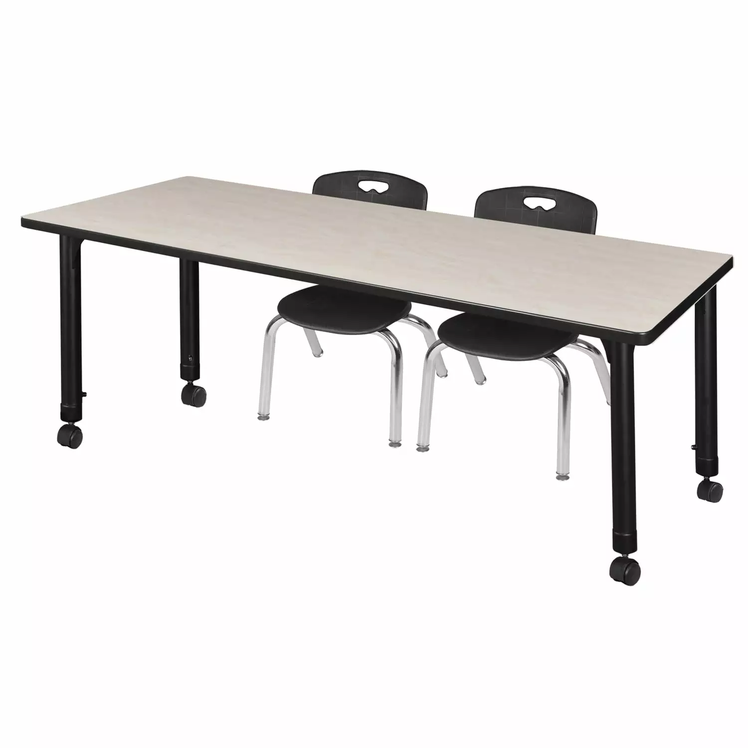 Regency 60 x 24 Maple Kee Height Adjustable Mobile Classroom Table 2 Black Andy Stack Chairs