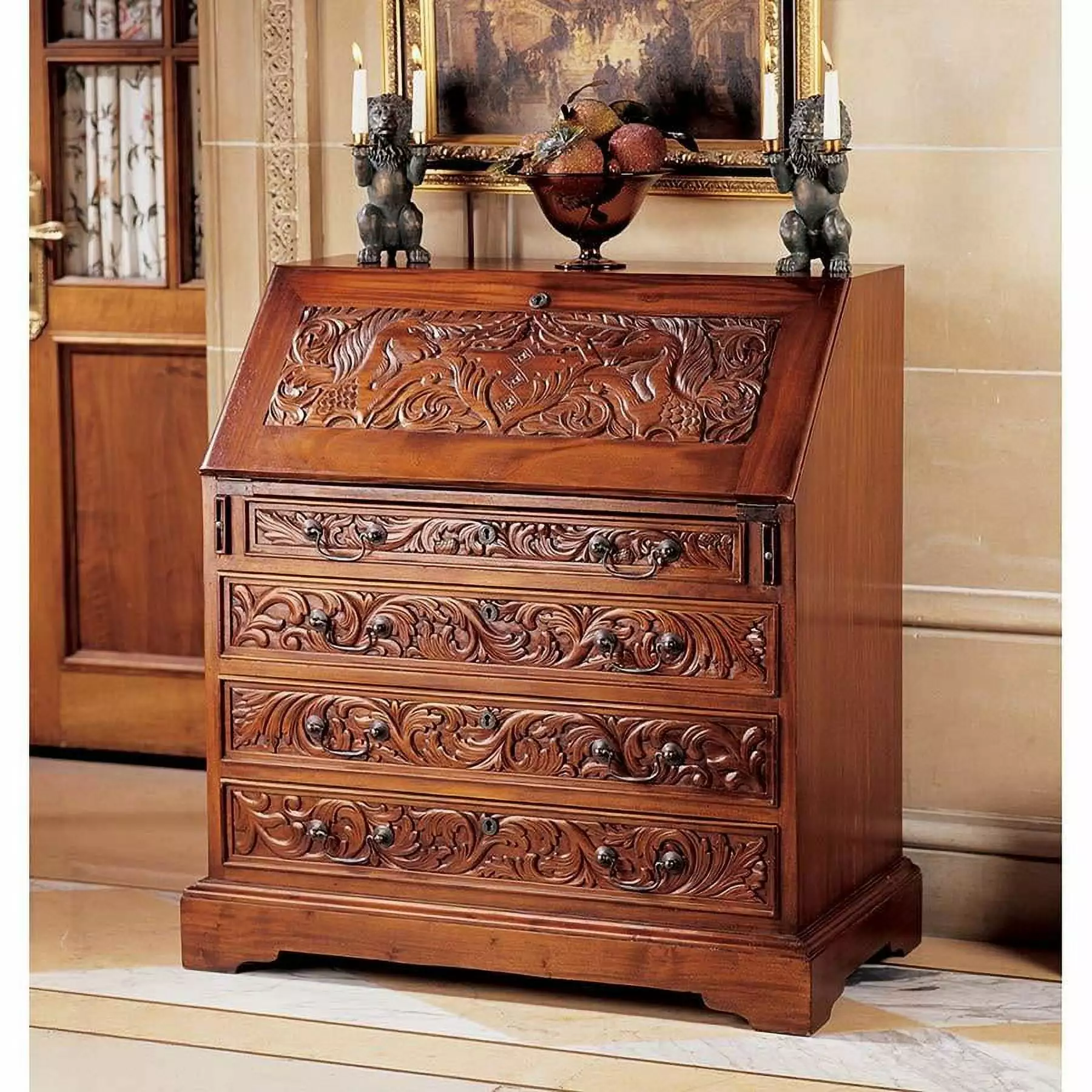 Writing Desk Chest Antique Replica Hand Carved Solid Mahogany Desk Xoticbrands - Veronese Medium - Luxury Home Office Desk