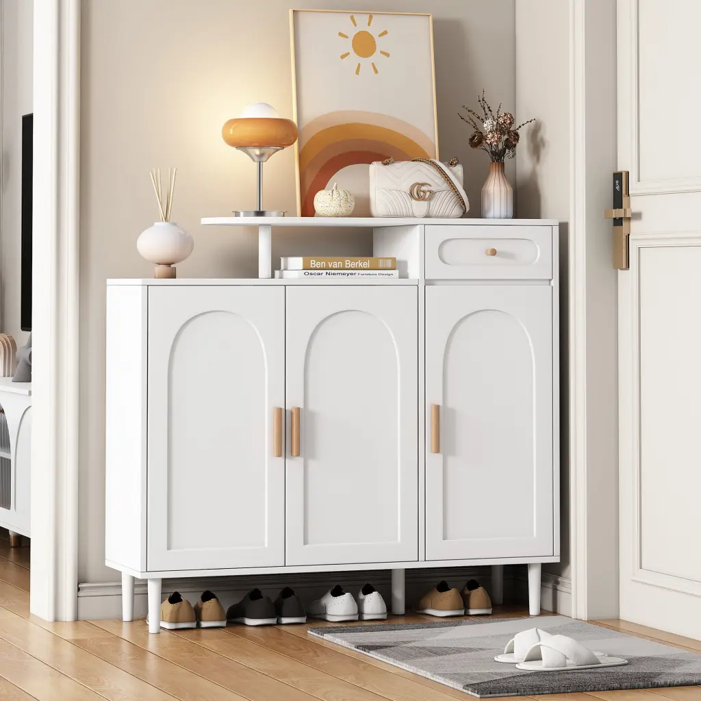 Elegant Shoe Cabinet Arched Doors and Drawer Cream Style Storage rnb
