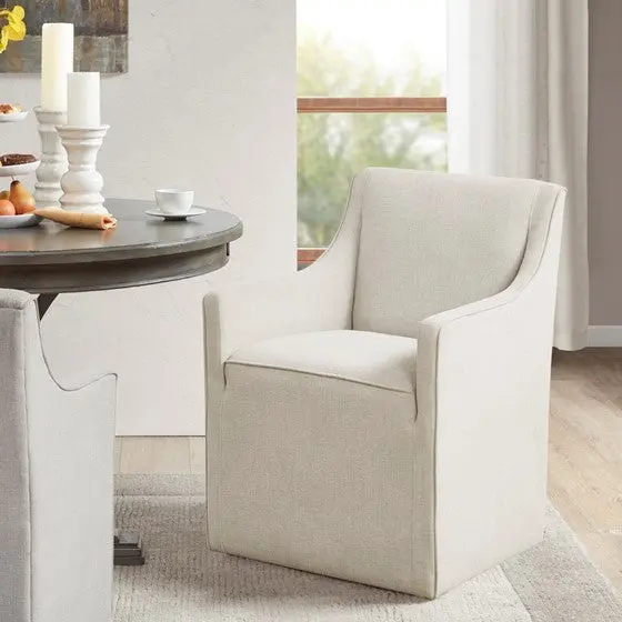 Skirted Dining Arm Chair Casters Cream Wood - Roller Office Chair Upholstered Side Chair jla