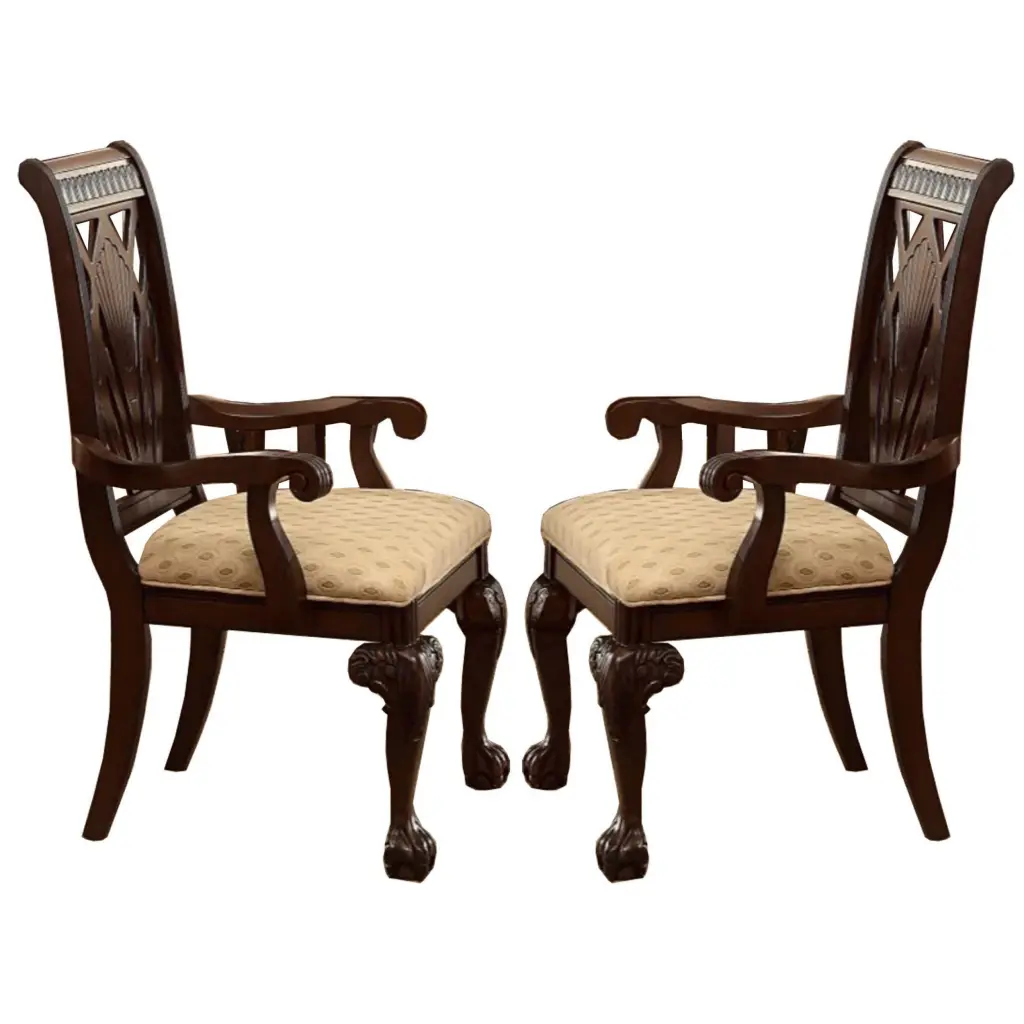 Traditional Style Wooden Fabric Dining Arm Chair Set 2 Brown Beige royal hampton
