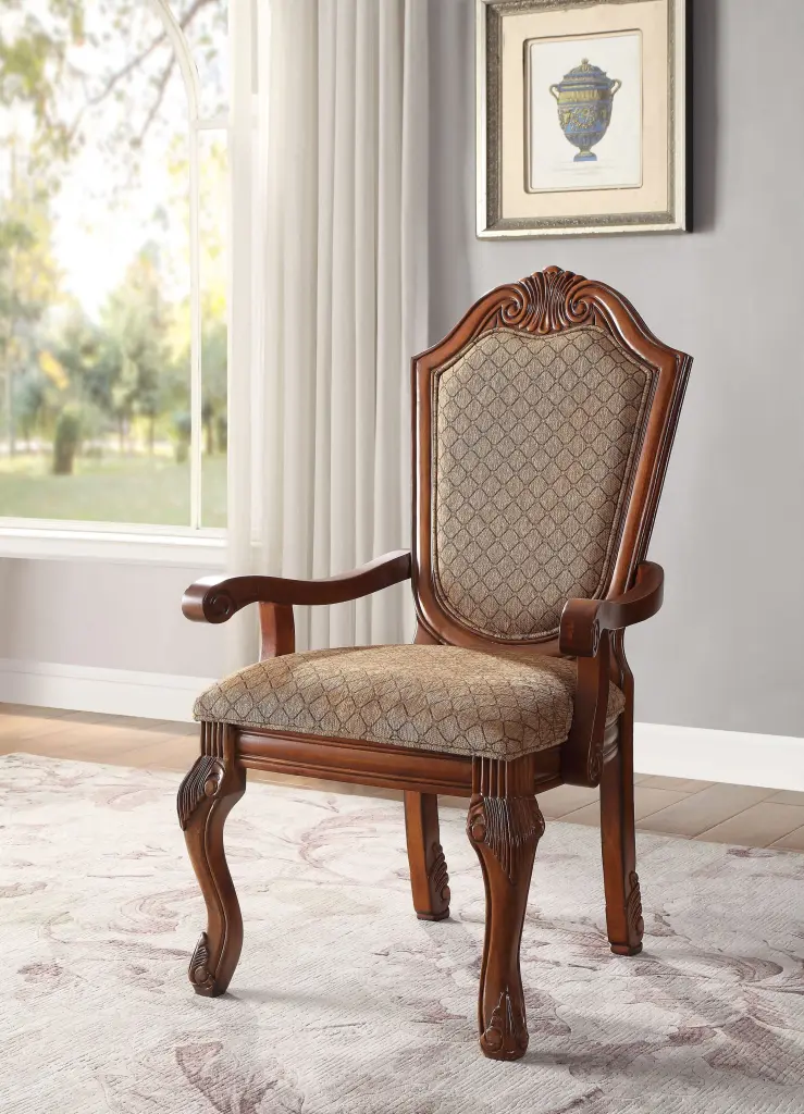 Chateau De Ville Arm Chair Set 2 Fabric and Cherry Finish acme onsite store
