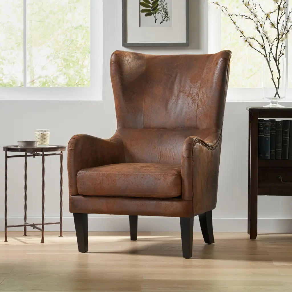 Hi Back Studded Arm Chair Living Room, Study, and Bedroom Brown Fabric nh-mirod