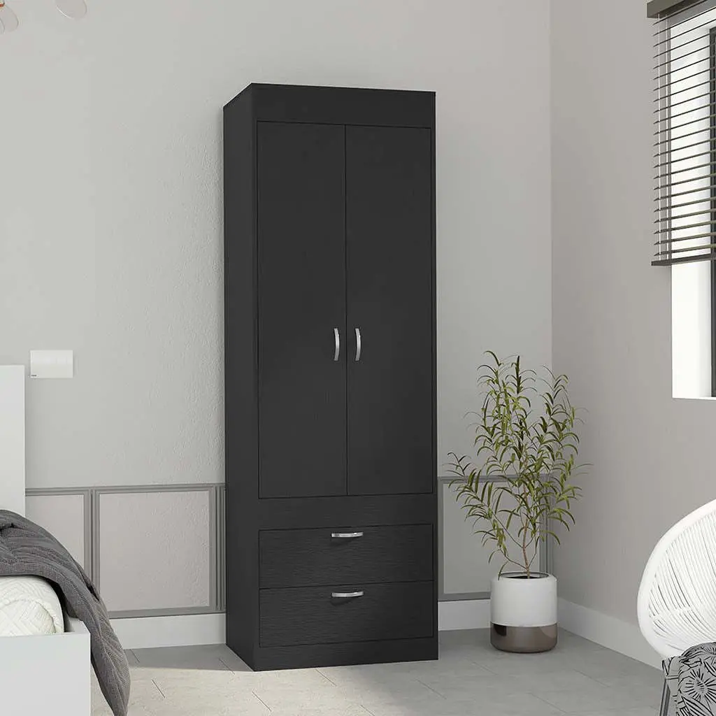 Armoire 70 Inch Double Door Cabinet Two Drawers Metal Handles Black rta mubles colombia