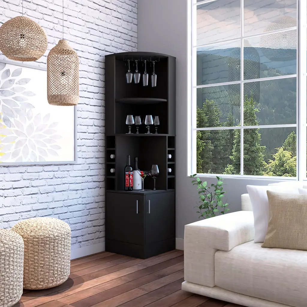 Jamesport 4 Bottle 2 Shelf Bar Cabinet Black Wengue and Black Particle Board furniture max