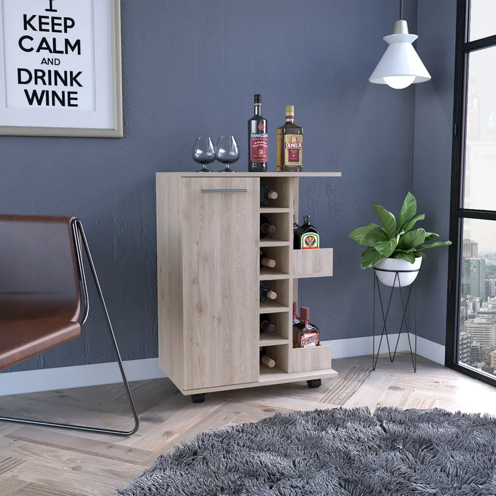 Bar Cart Four Casters Single Door Cabinet Two External Shelves Lightweight Mobile Serving Cart depot e-shop