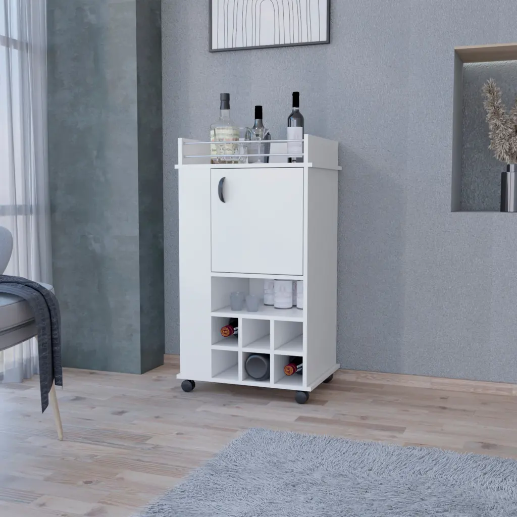 Farson Bar Cart 2 Side Shelves 6 Bottle Wine Rack and Casters fm furniture