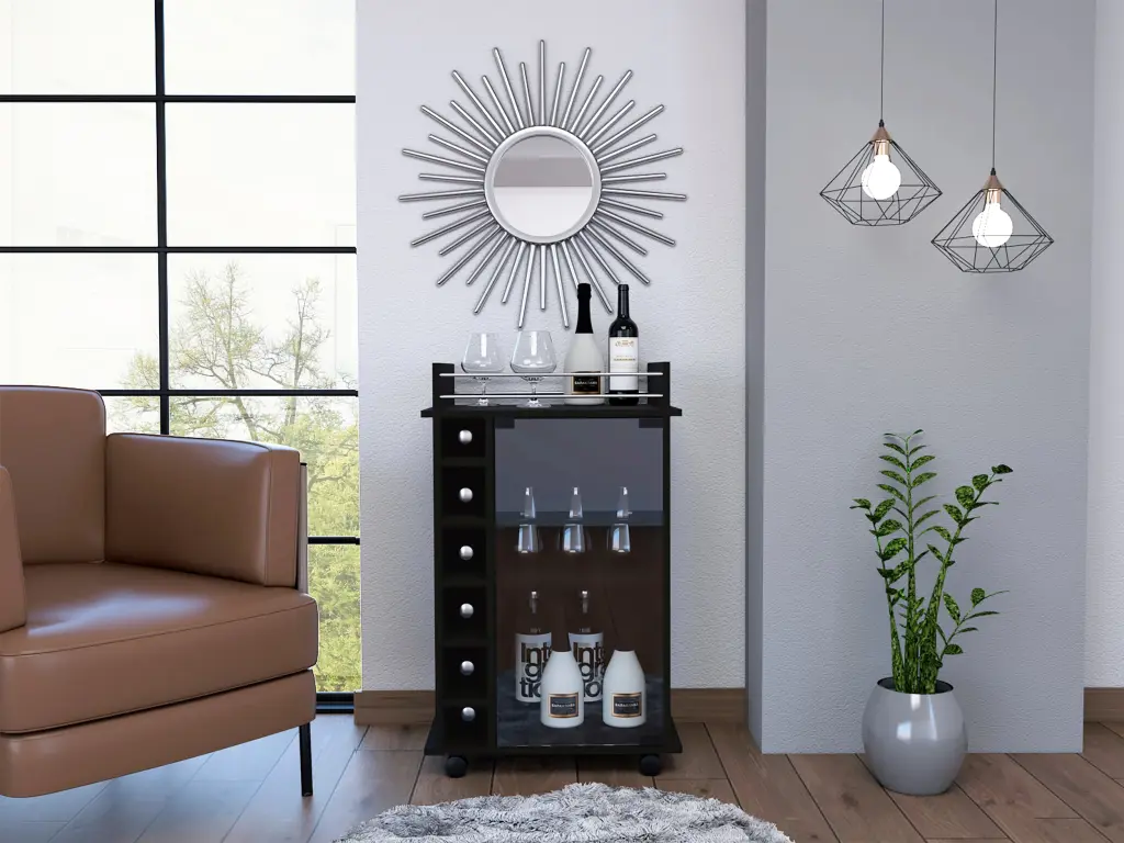 Vegas Bar Cart Two Tier Cabinet Glass Door Six Cubbies Liquor fm furniture