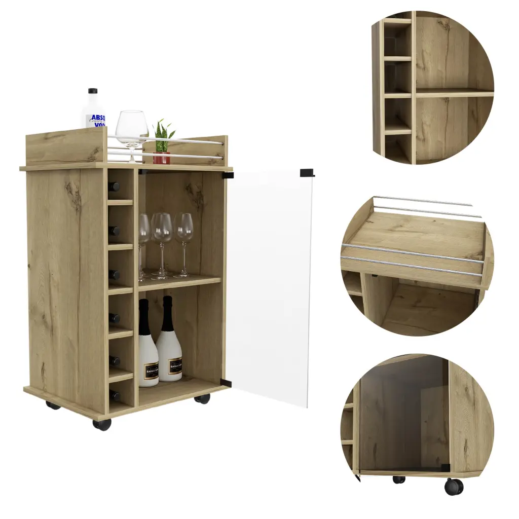 Savannah 6 Bottle 3 Shelf Bar Cart Light Oak Particle Board Rolling Drink Cart furniture max