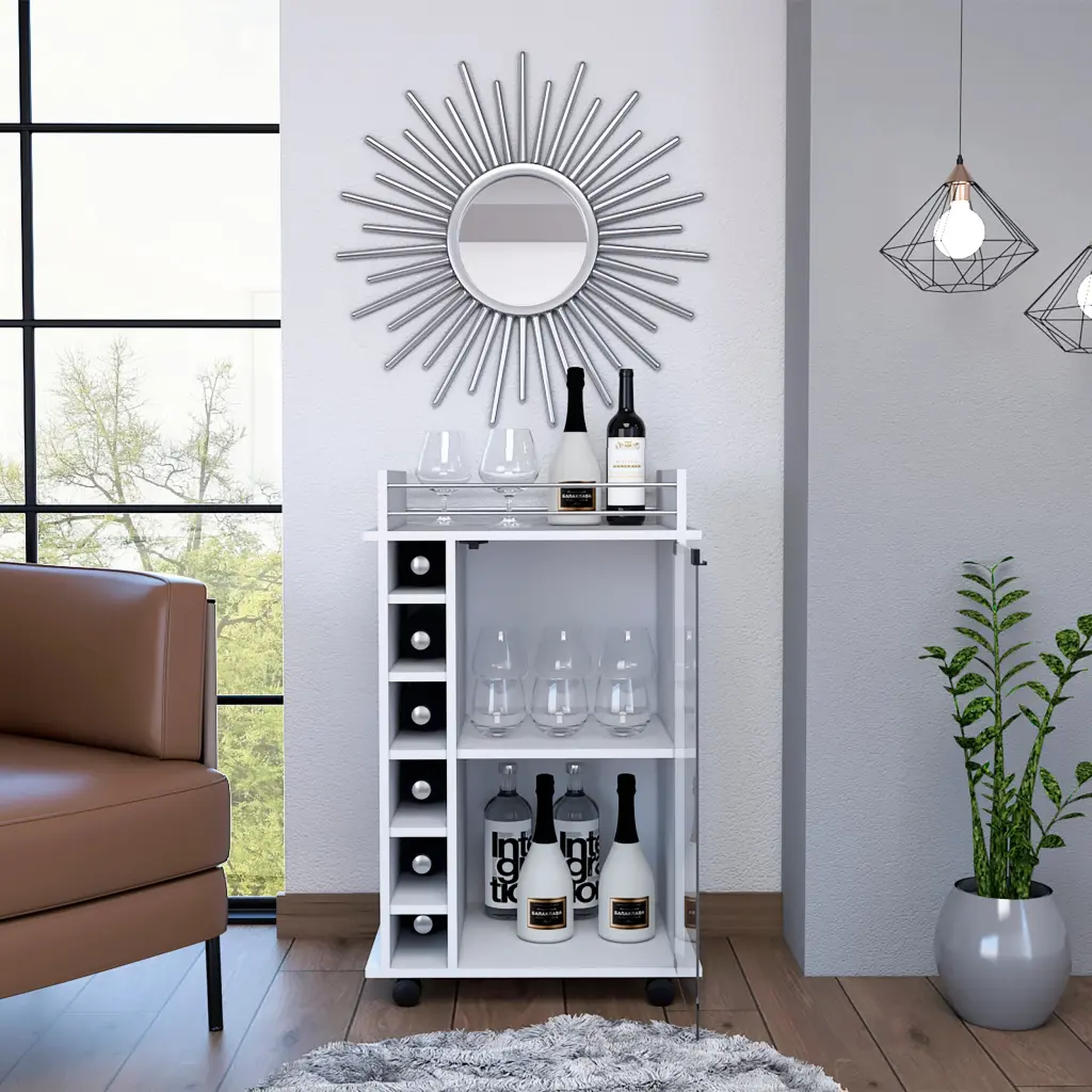 Savannah 6 Bottle 3 Shelf Bar Cart White Particle Board Mobile Bar Cabinet furniture max