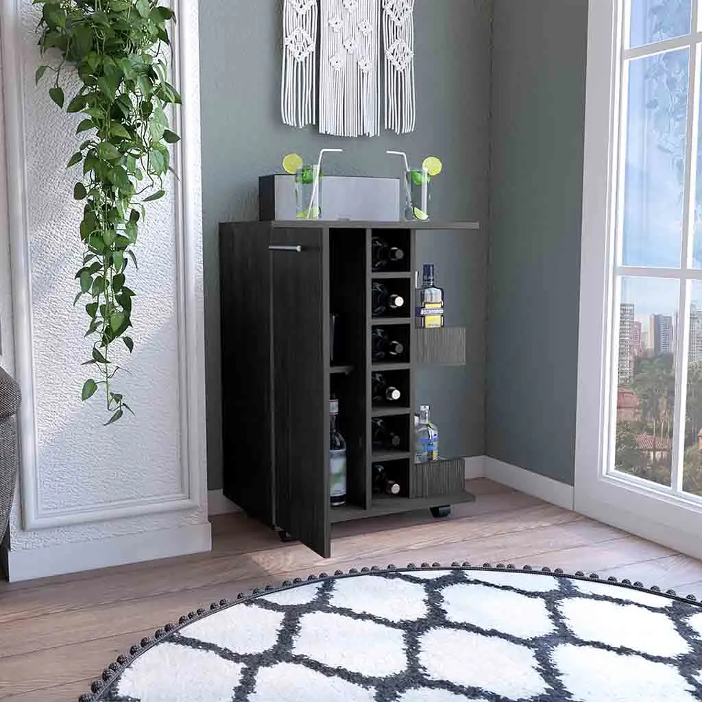 Bar Cart Wells Four Casters Six Wine Cubbies Single Door Cabinet treevol furniture
