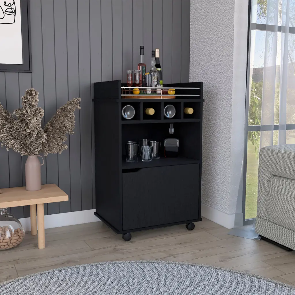 Phoenix Bar Cart 2 Open Shelves 4 Cubbies And Cabinet Freestanding Rolling Drink Cart tuhome