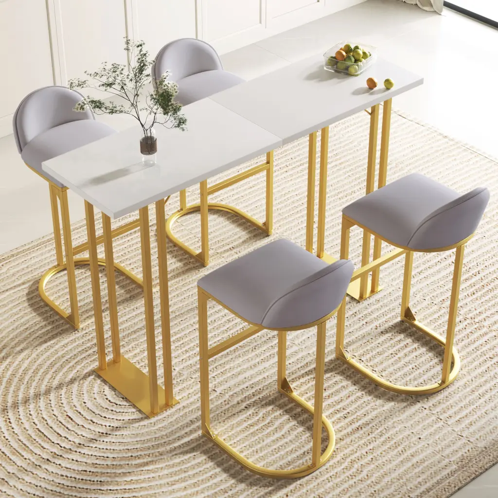 5 Piece Bar Table and Chairs Set Modern Gold White Table 4 Velvet Stools memory valley