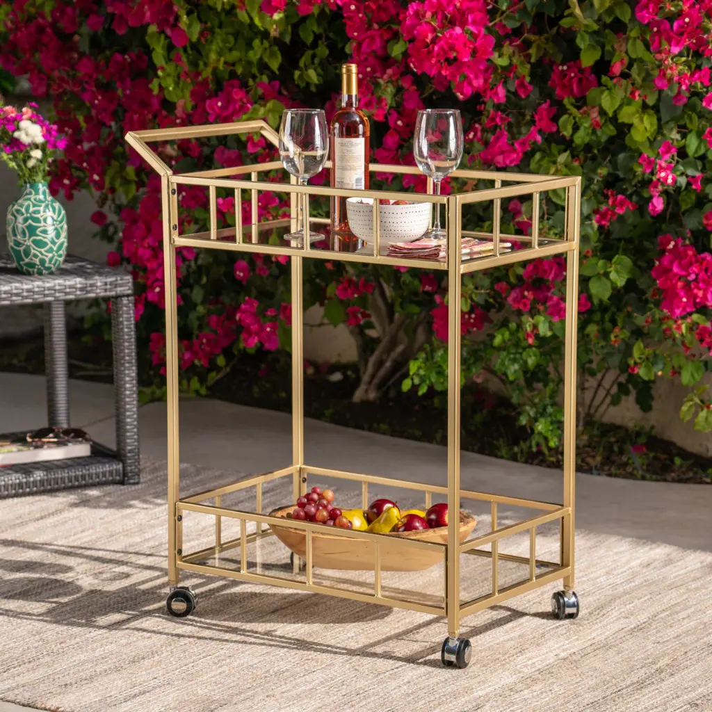 Bar Cart Gold Glass Metal Rolling Serving Cart nh-comfortcove