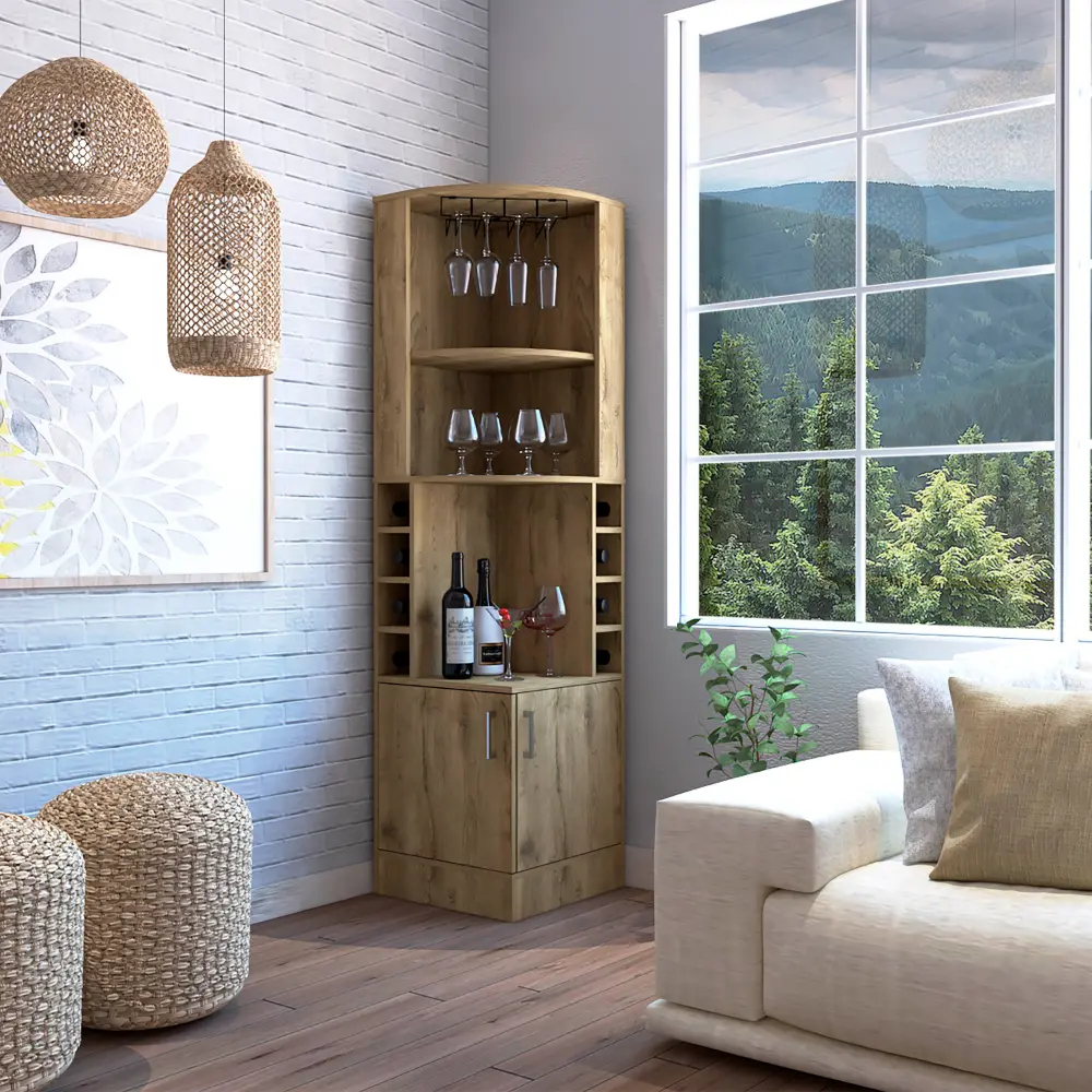 Syrah Corner Bar Cabinet Eight Bottle Cubbies Double Door Two Open tuhome