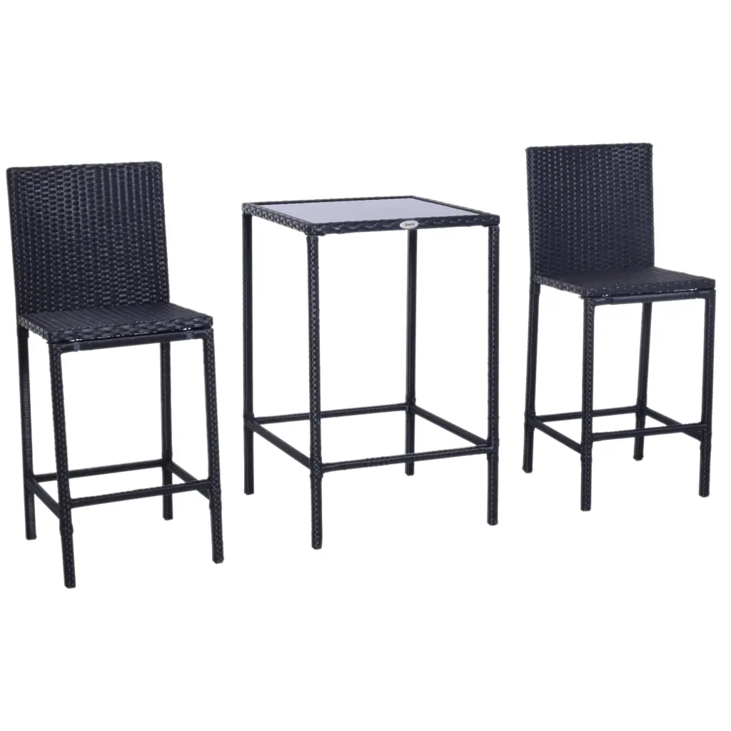 Outsunny 3Pcs Rattan Bar Set Glass Top Table and 2 Bar Stools Outdoor aosom business