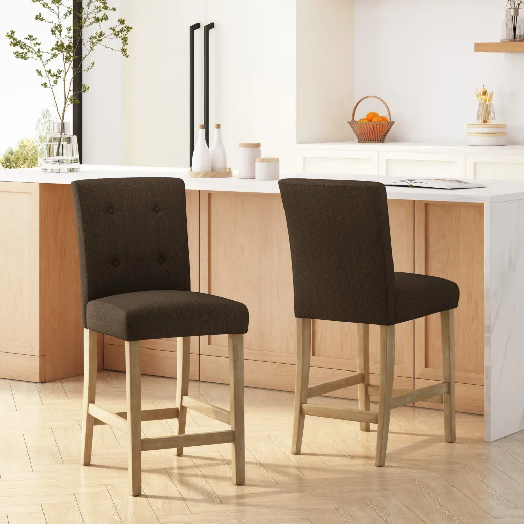 Contemporary Fabric Button Tufted 26 Inch Counter Stools Set 2 Brown nh-onfind