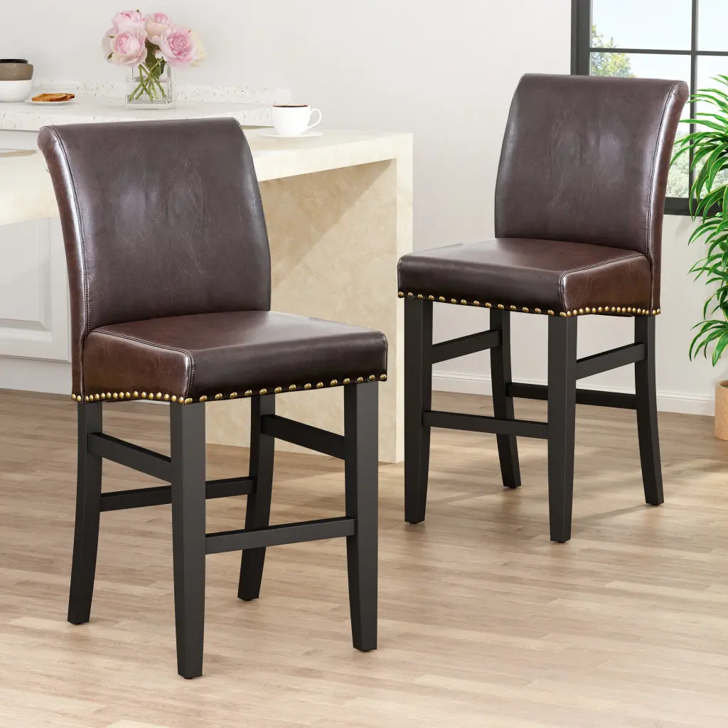 Upholstered Counter Stool Solid Wood Frame Set 2 Brown nh-onfind
