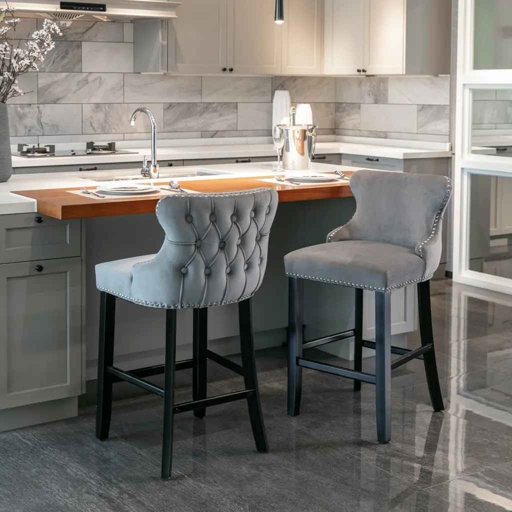Contemporary Velvet Upholstered Wing Back Barstools Button Tufted a-a furniture