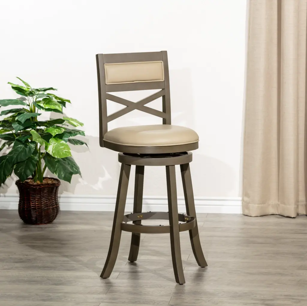 30 Inch Bar Height X Back Swivel Stool Weathered Gray Finish French Gray Upholstery dty home