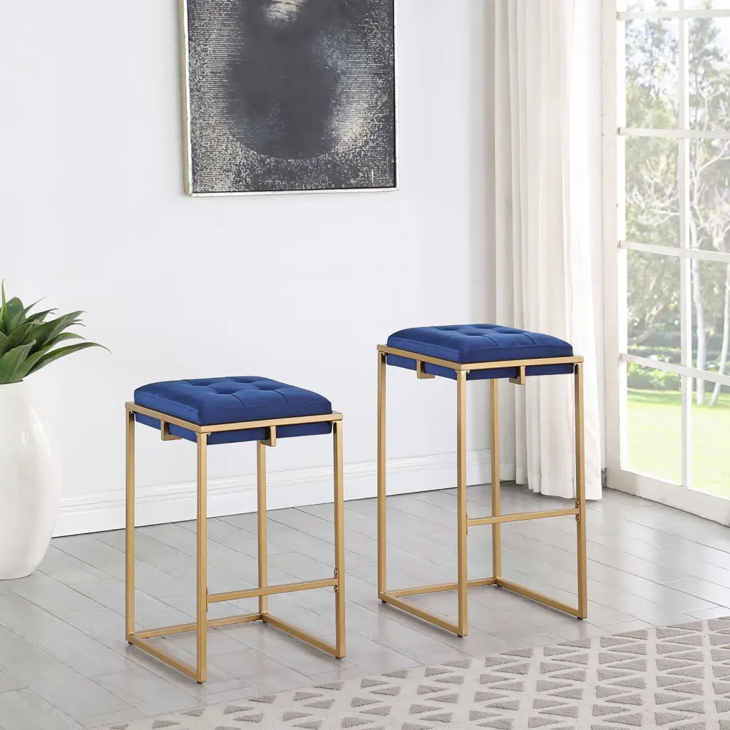 Blue and Gold Square Counter Height Stools Set 2 Solid Blue Dining furniture max