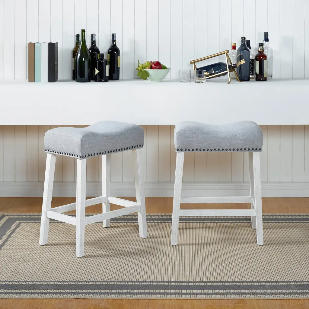 Coco Upholstered Counter Height Stools Saddle Seat, White Washed Finish hz