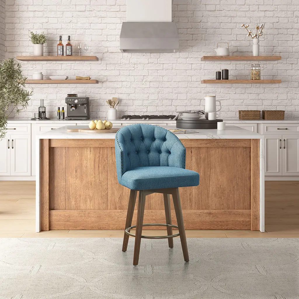 Upholstered 360 Degree Swivel Counter Stool 26 Inch H Blue Polyester jla