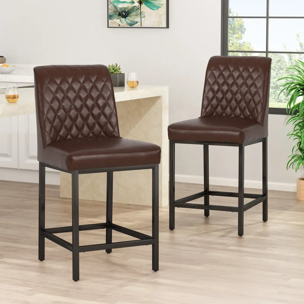 Counter Stool Set 2 Dark Brown Leather Kitchen or Bar nh-perfect home