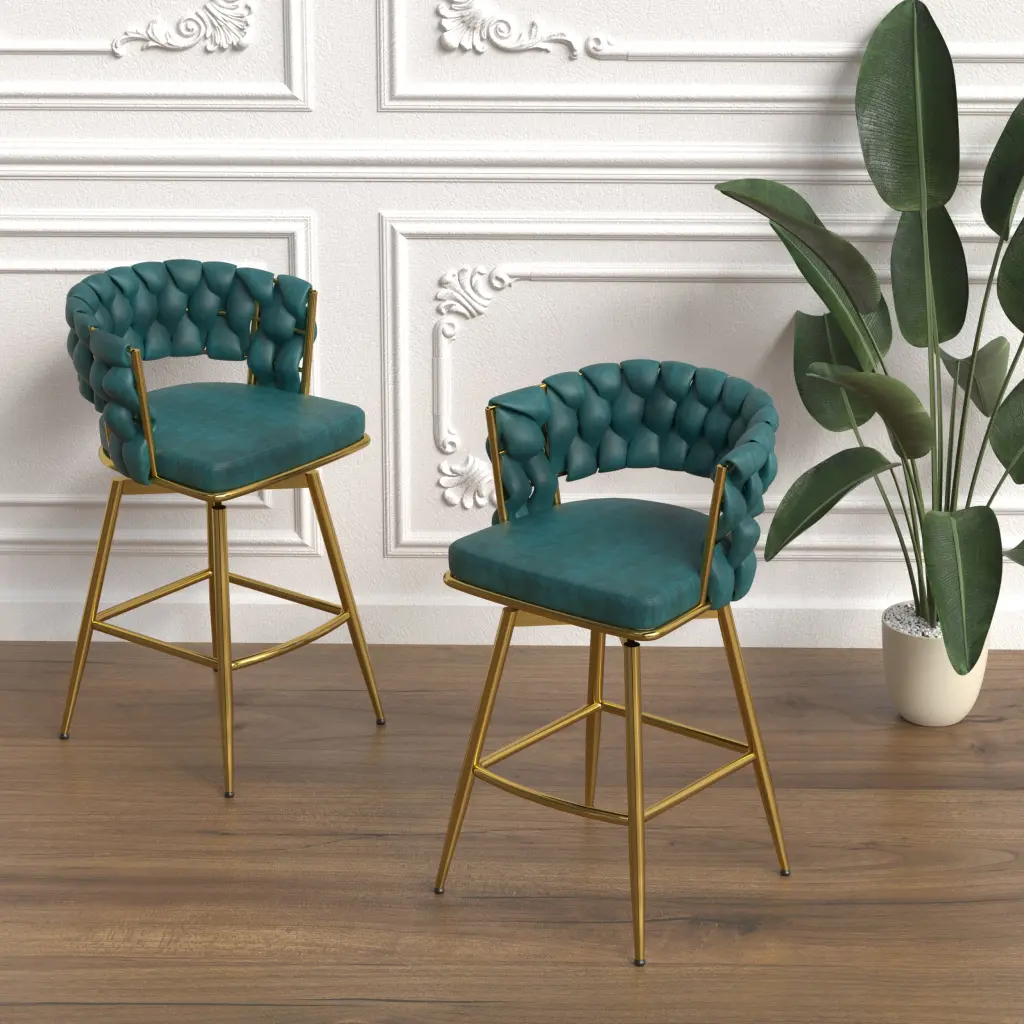 Bar Chair Suede Woven Bar Stool Set 2 Golden Legs Barstools No Adjustment nuoli furniture