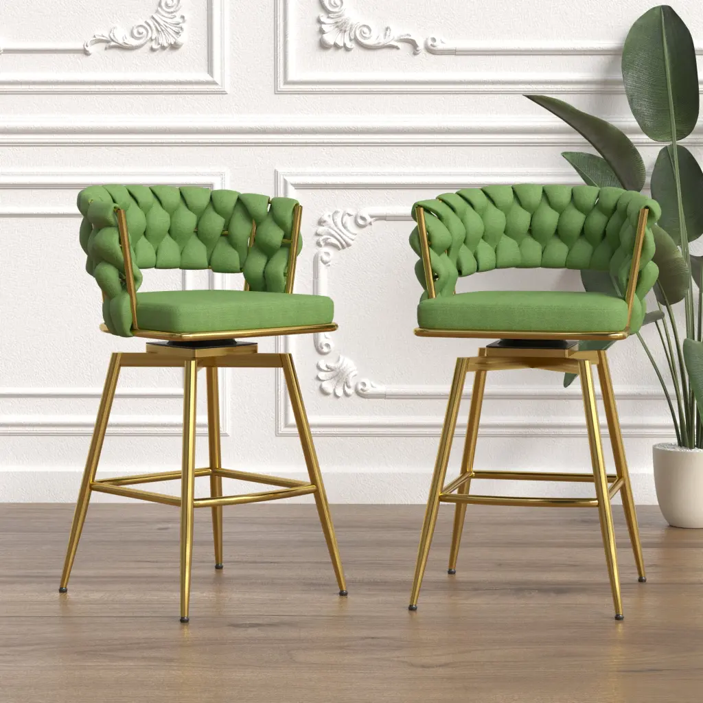Linen Woven Bar Stool Set 2 Golden Legs Barstools No Adjustable nuoli office furniture
