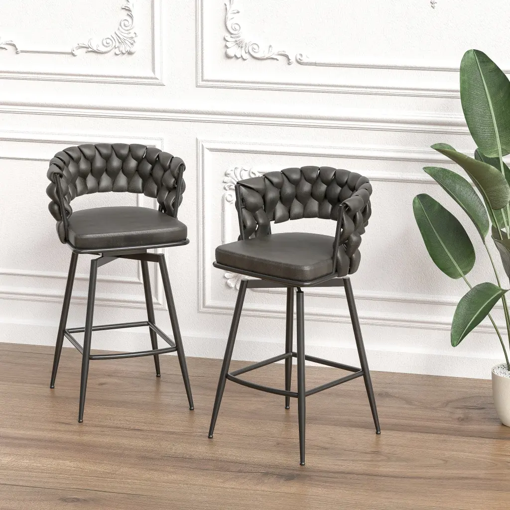 Technical Leather Woven Bar Stool Set 2 Black Legs Barstools No Adjustable nuoli office furniture