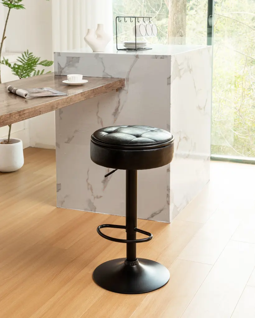 Round Storage Bar Stool Set 2 Black Faux Leather Height Adjustable Counter Stools rnb