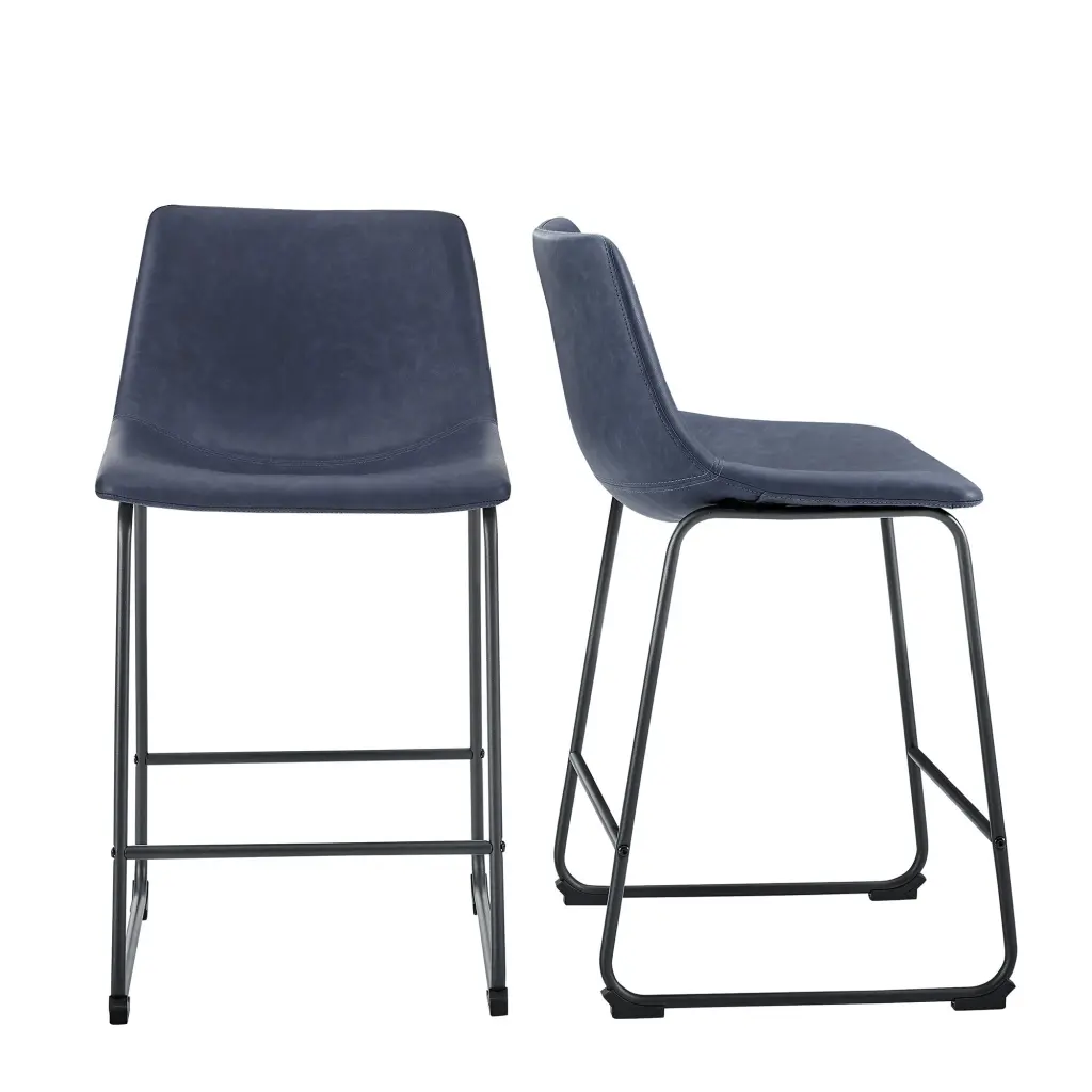 Industrial Faux Leather Counter Stools Set 2 Blue Navy Polyurethane walker edison