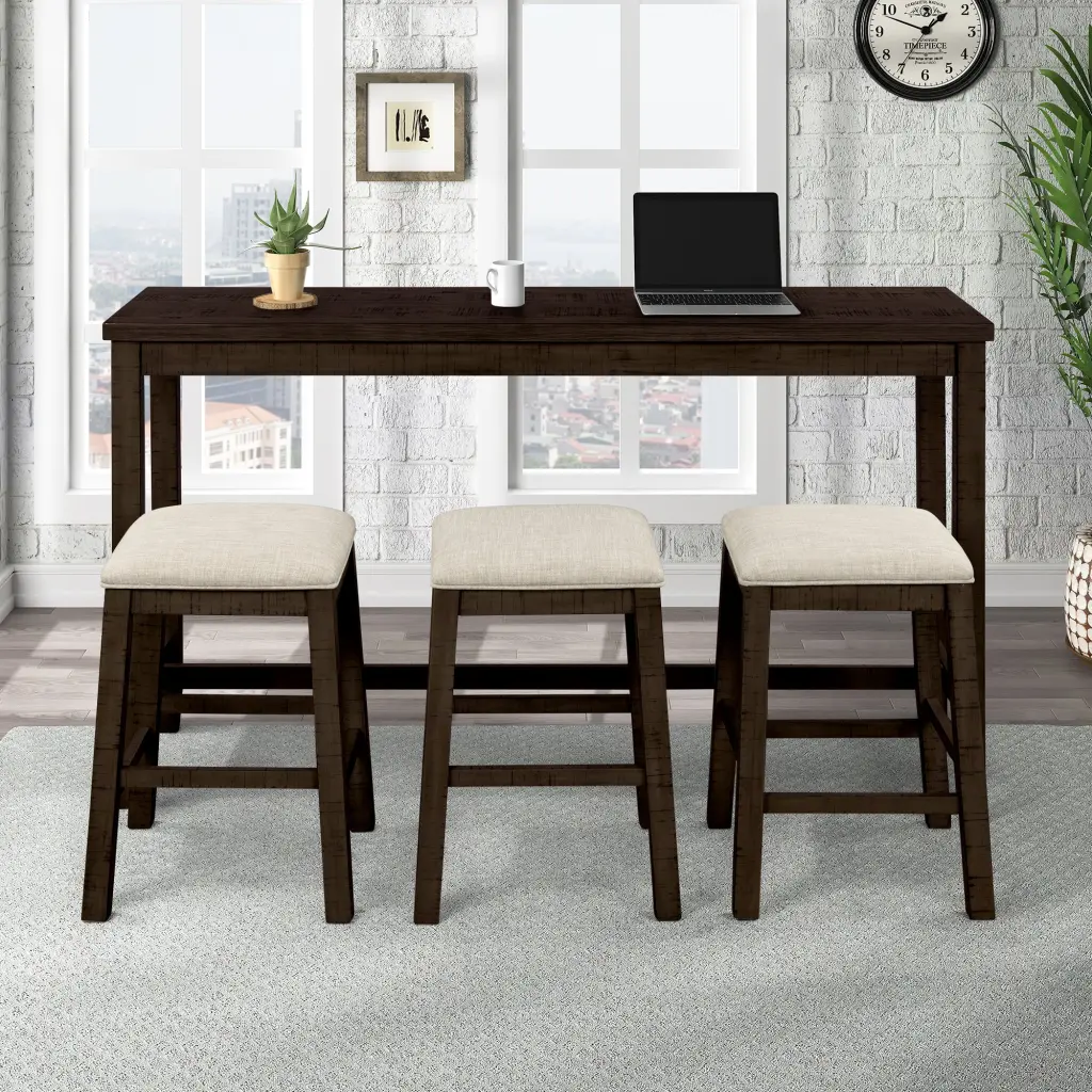 4 Piece Counter Height Table Set Fabric Padded Stools Rustic Bar Dining rnb