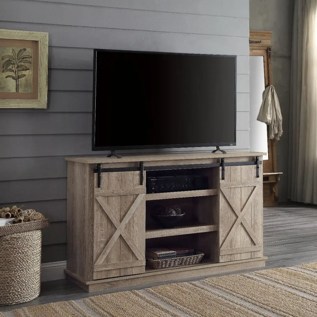 Oak TV Stand 2 Sliding Barn Doors 60 Inch Primary Living Space furniture max