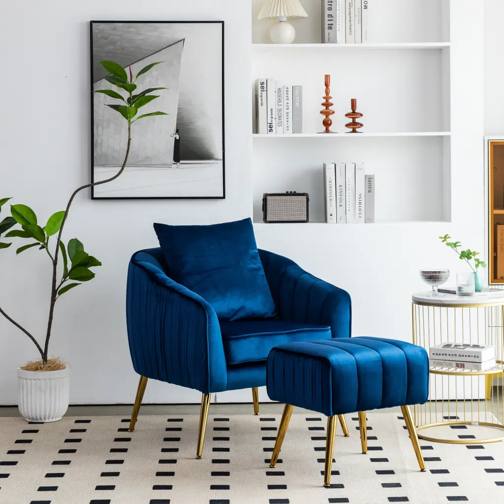 Velvet Accent Chair Ottoman Modern Tufted Barrel Chair Ottoman Set Lounge Seating aoao furniture-w1333