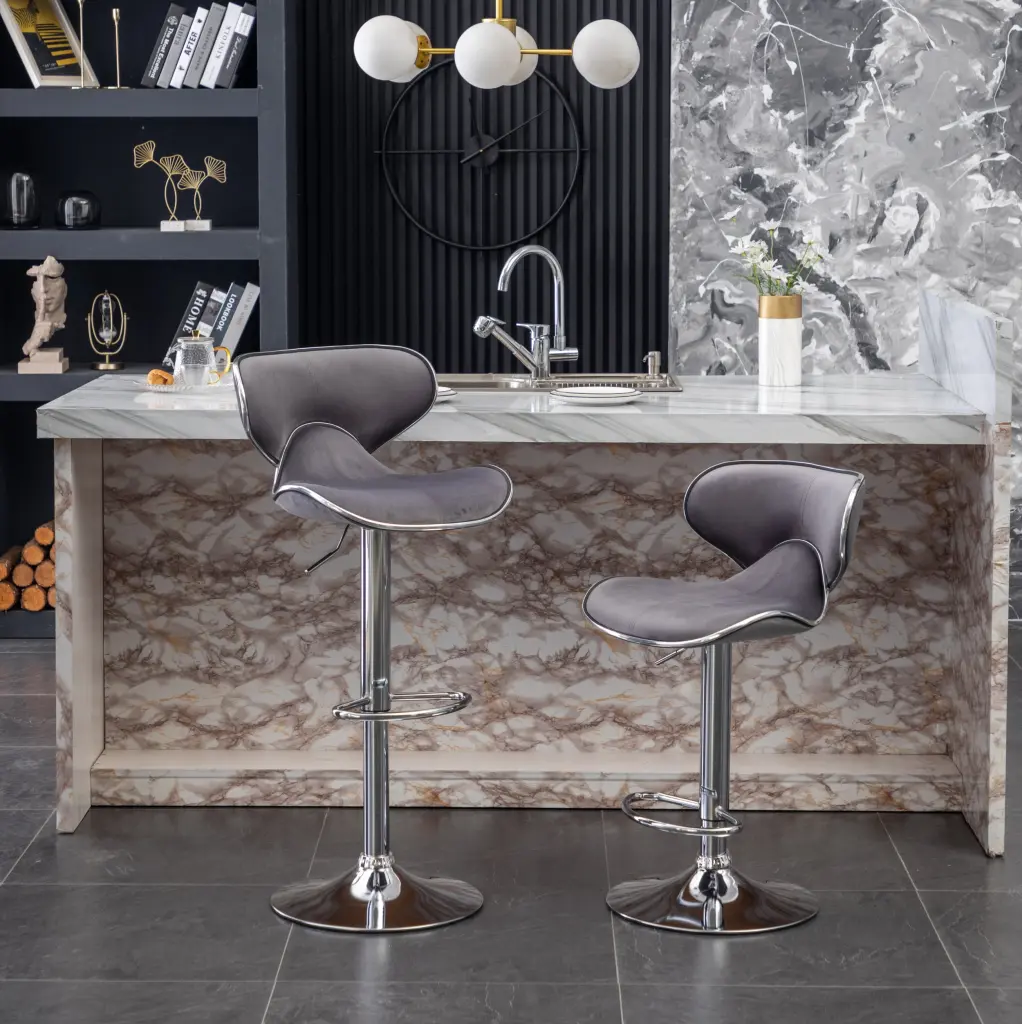 Velvet Upholstered Adjustable Swivel Barstool Set 2 Gray hz