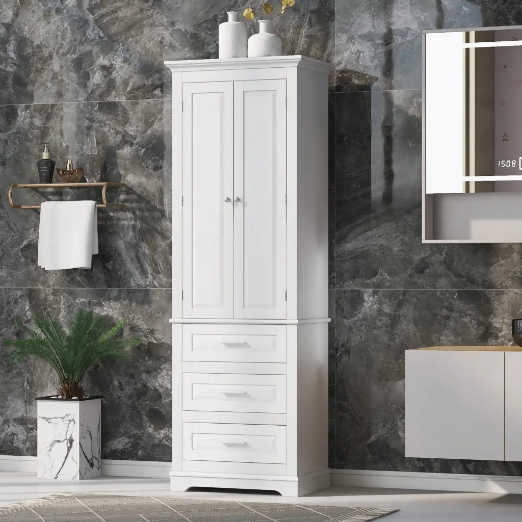 Tall Storage Cabinet Three Drawers Bathroom or Office White by