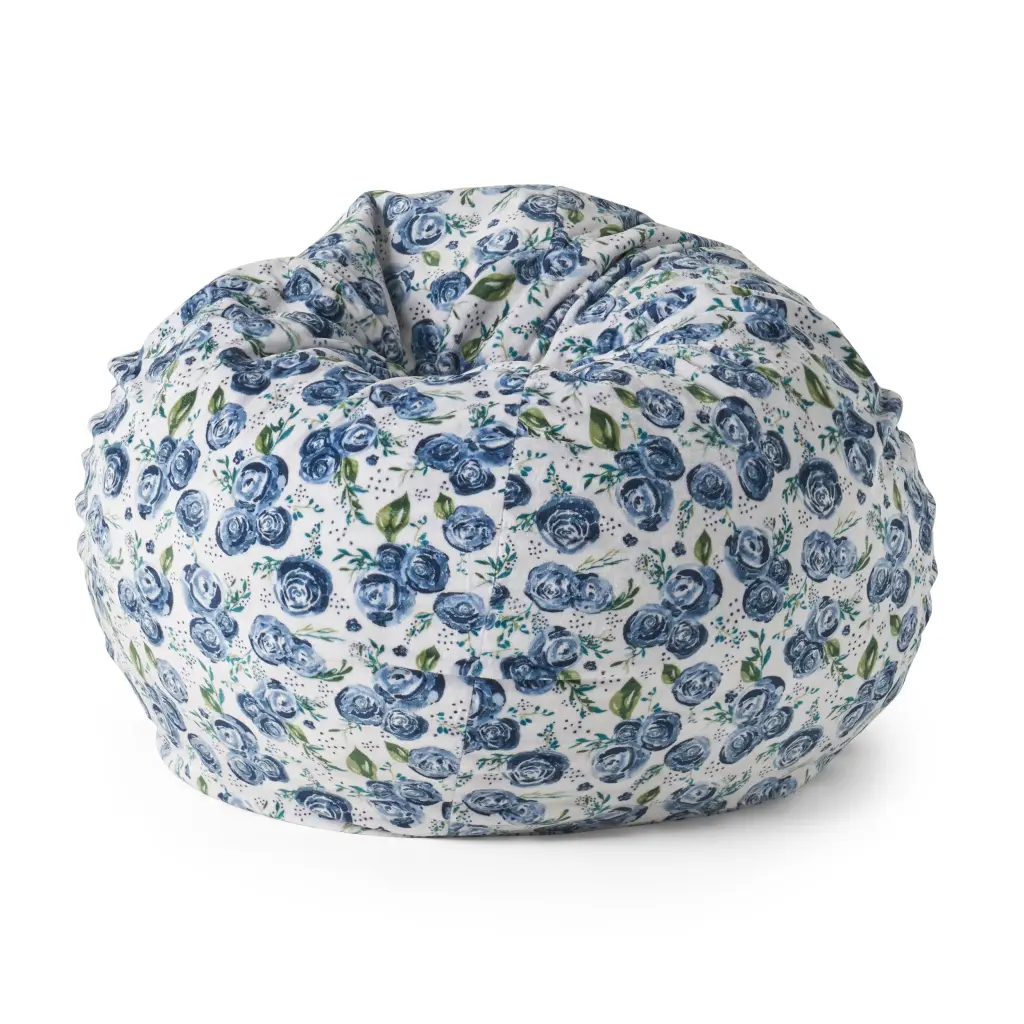 Spring 3 Foot Rounded Bean Bag Blue Rose Print Navy Multi Fabric Comfortable Seating bazar