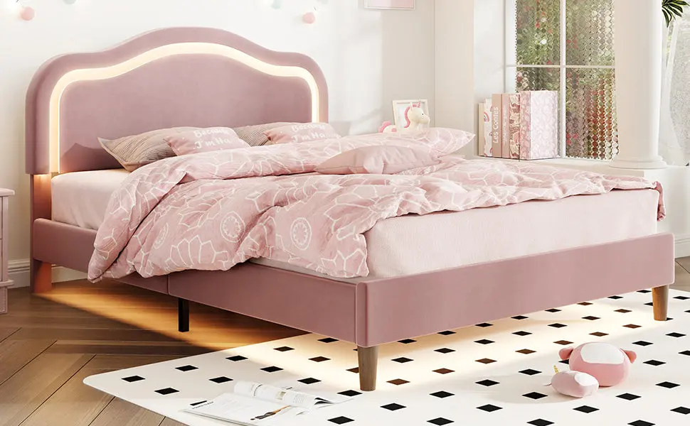 Full Size Velvet Upholstered Intelligent LED Bed Frame Adjustable Height bed best