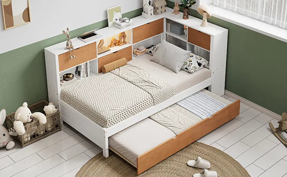 L Influenced Bed Frame Trundle and Bookcase Corner Bed Wooden Cap bed best