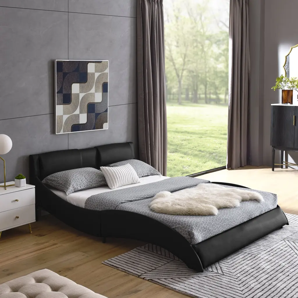 Queen Bed Frame Modern Faux Leather Upholstered Platform Bed Frame Headboard chuangyuan smart home