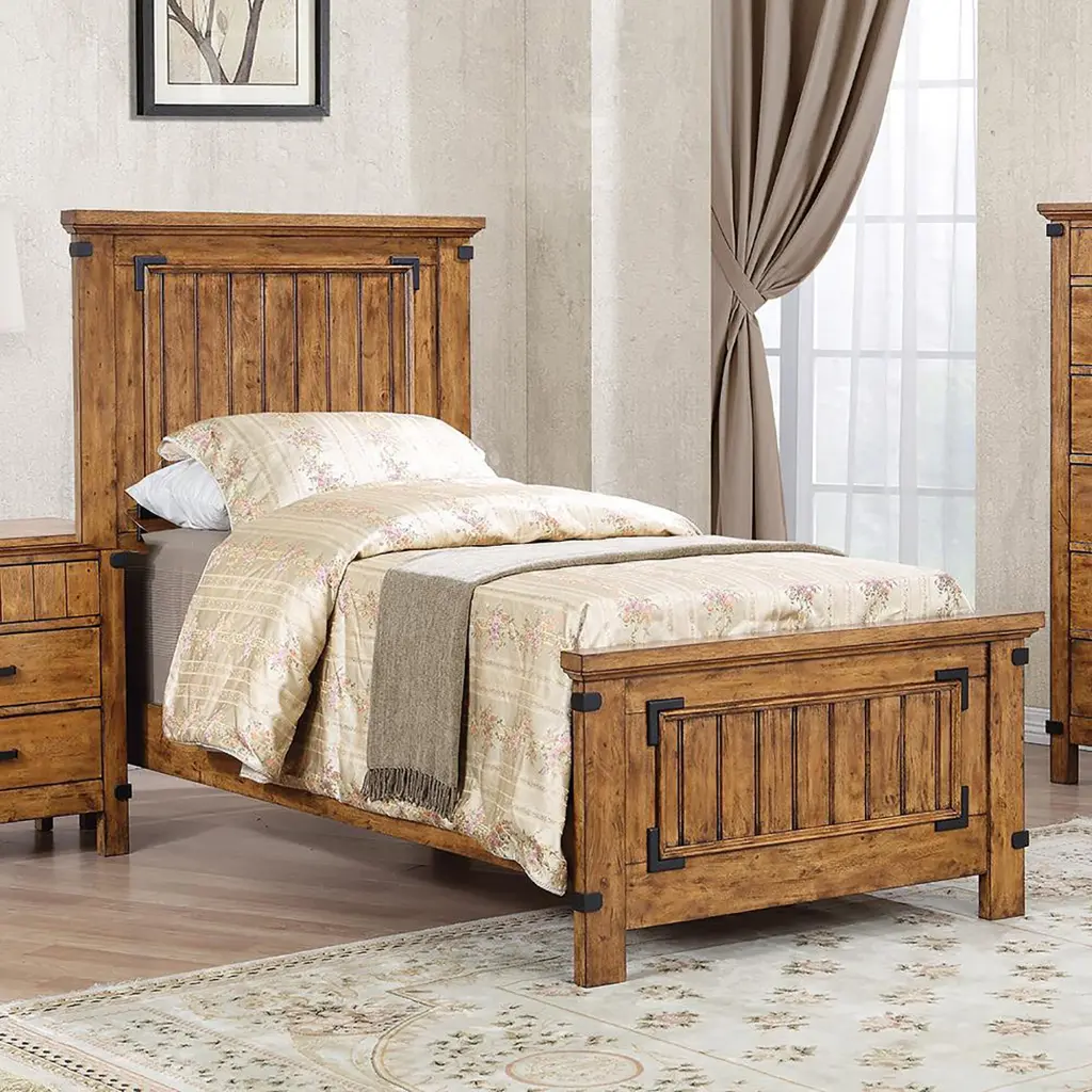 Rustic Honey Twin Panel Bed Box Spring Required Brown Wood Frame furniture max
