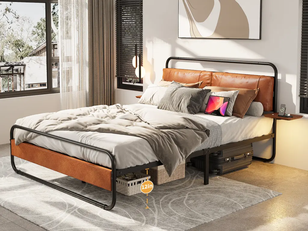 King Size Metal Bed Frame Upholstered Headboard Wireless Charging jhomier furniture