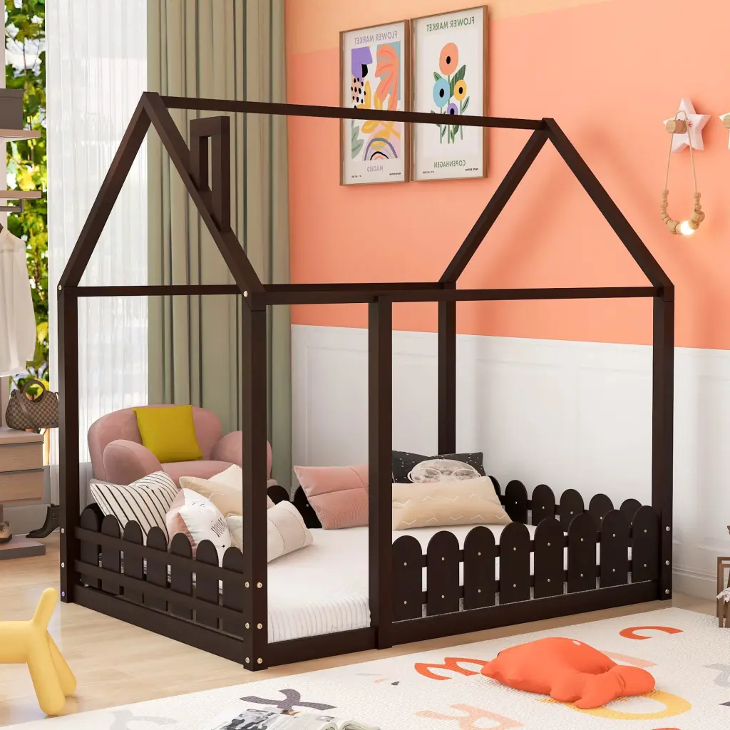 Full Size Wood Bed Frame Fence No Slats Included Sturdy Platform Base lucky furniture