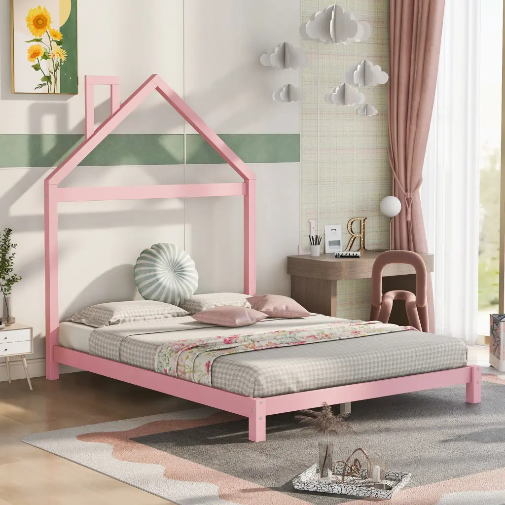 Full Size Wood Platform Bed Houtilize Influenced Headboard Pink Solid lucky furniture