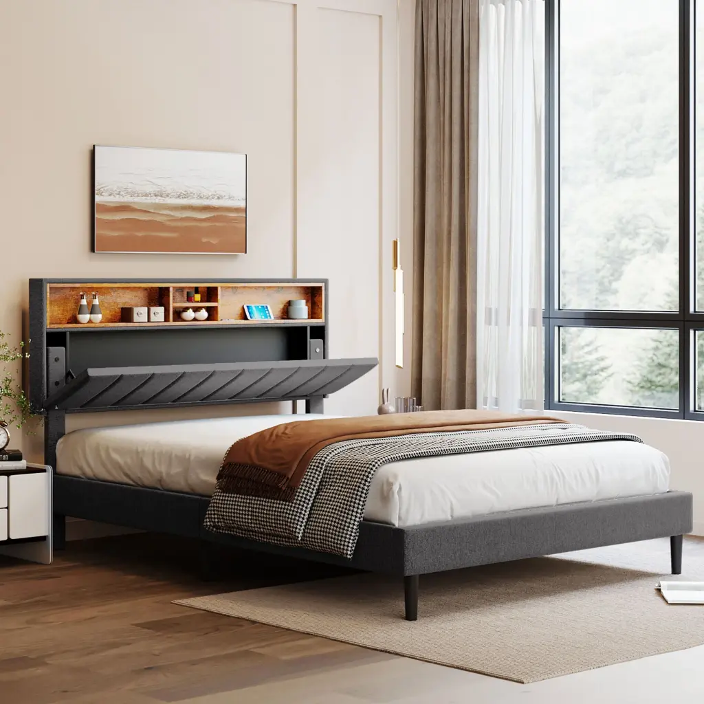 Queen Size Upholstered Platform Bed Storage Headboard And USB Ports lucky furniture