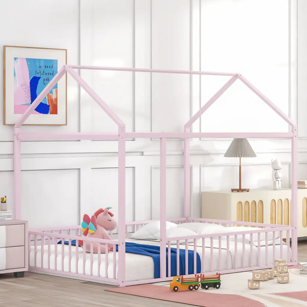 Full Size Metal Bed Houtilize Bed Frame Fence Kids Teens Girls lucky world