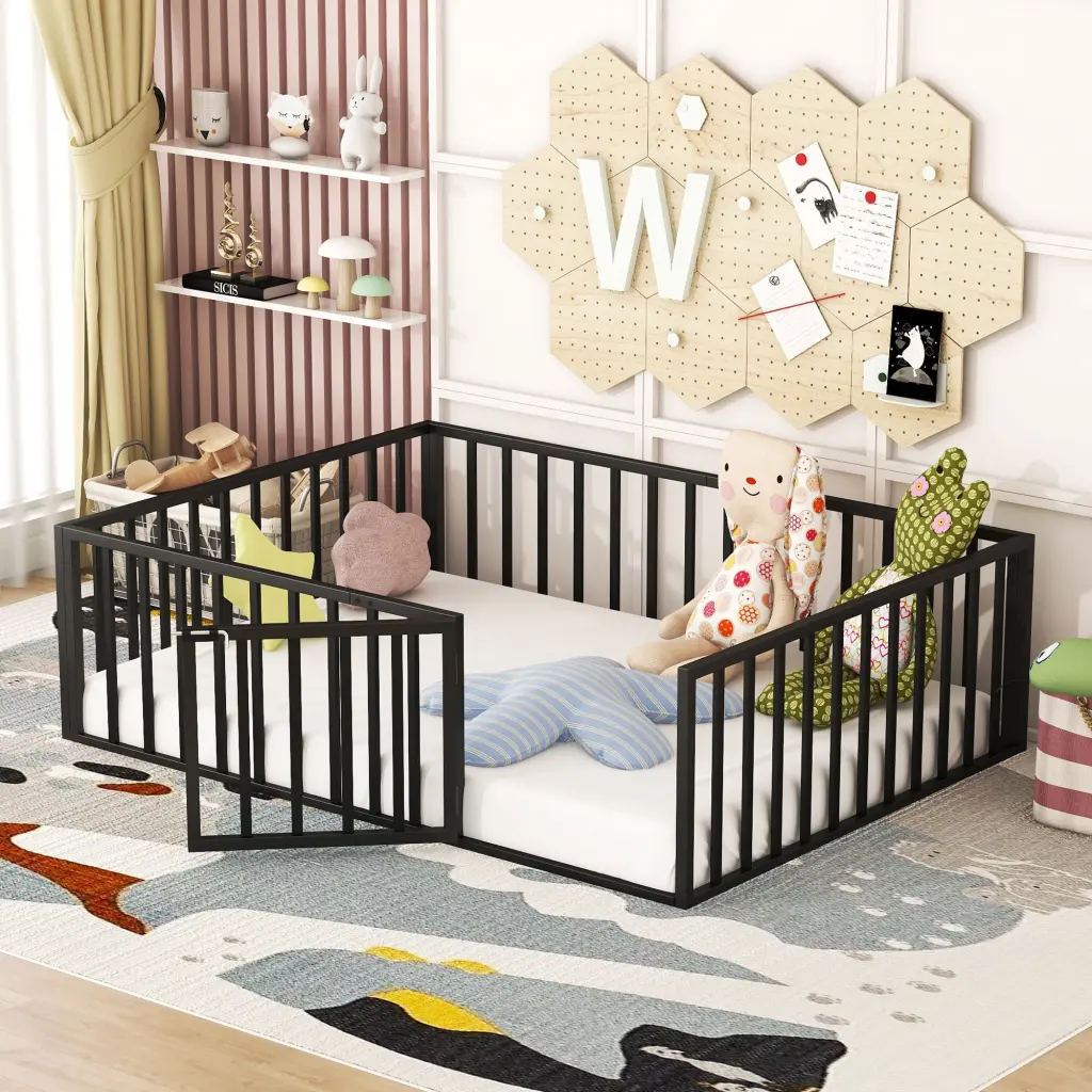 Full Size Metal Floor Bed Frame Fence And Door Black Sturdy Design lucky world